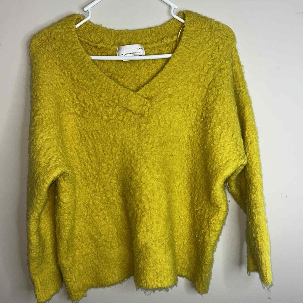 Anthropologie Simone V Neck Merino Wool Blend Yellow Sweater Size XS